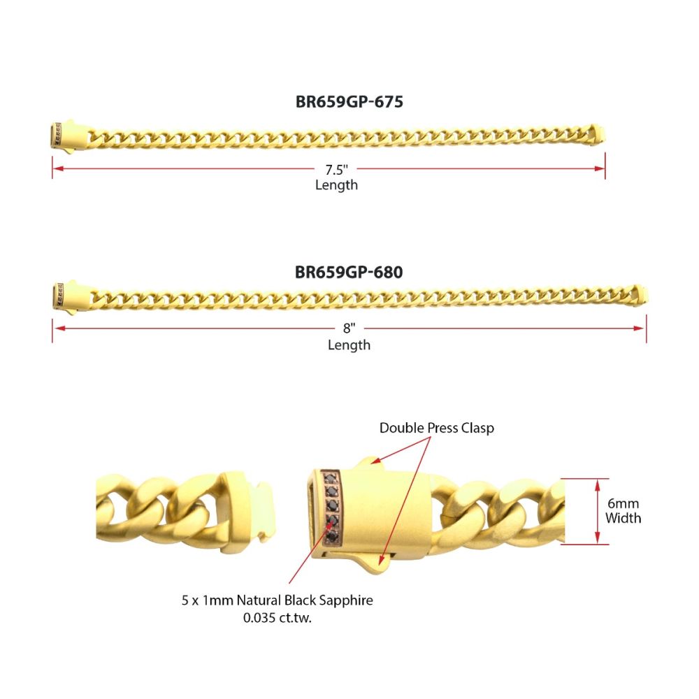 Stainless Steel 18YGP 6mm Matte Finish Cuban Bracelet with Black Sapphires