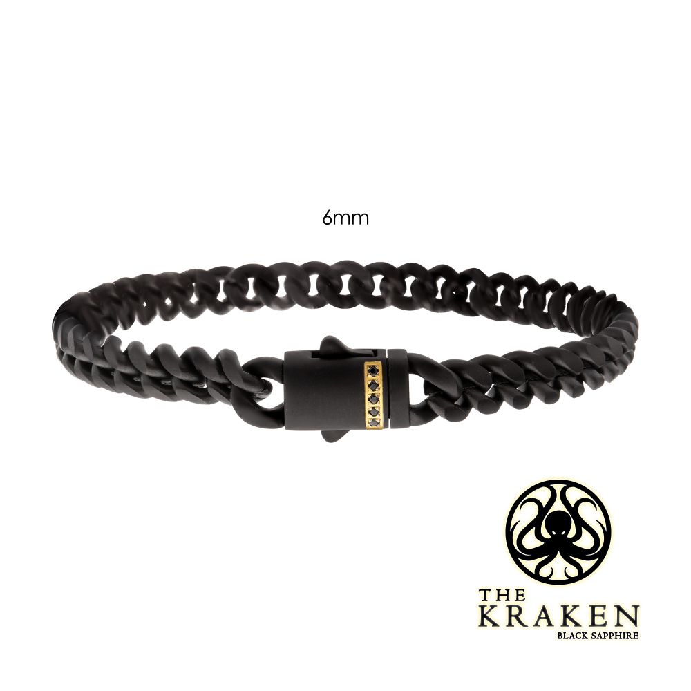 Stainless Steel 18YGP 6mm Black Matte Finish Cuban Bracelet with Black Sapphires