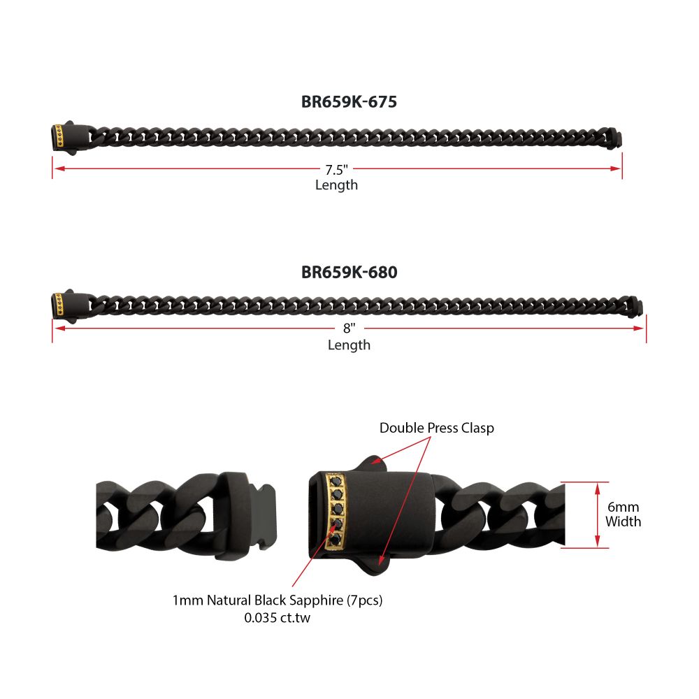 Stainless Steel 18YGP 6mm Black Matte Finish Cuban Bracelet with Black Sapphires
