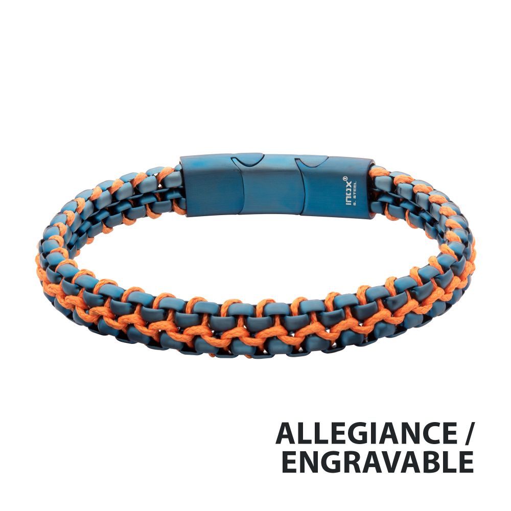 Stainless Steel Matte Finish Blue Box Chain with Orange Wax Cord Bracelet