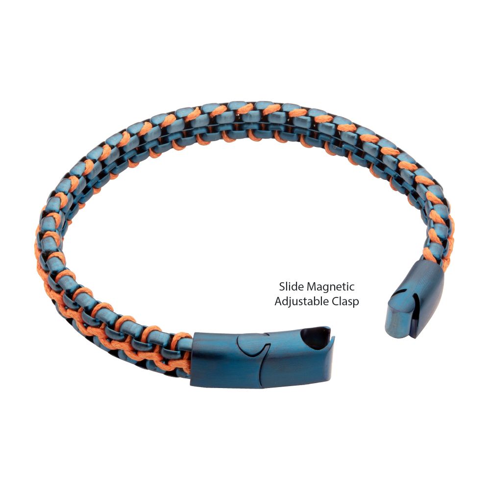 Stainless Steel Matte Finish Blue Box Chain with Orange Wax Cord Bracelet