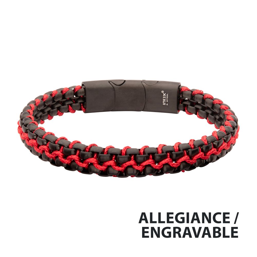 Stainless Steel Matte Finish Black Box Chain with Red Wax Cord Bracelet