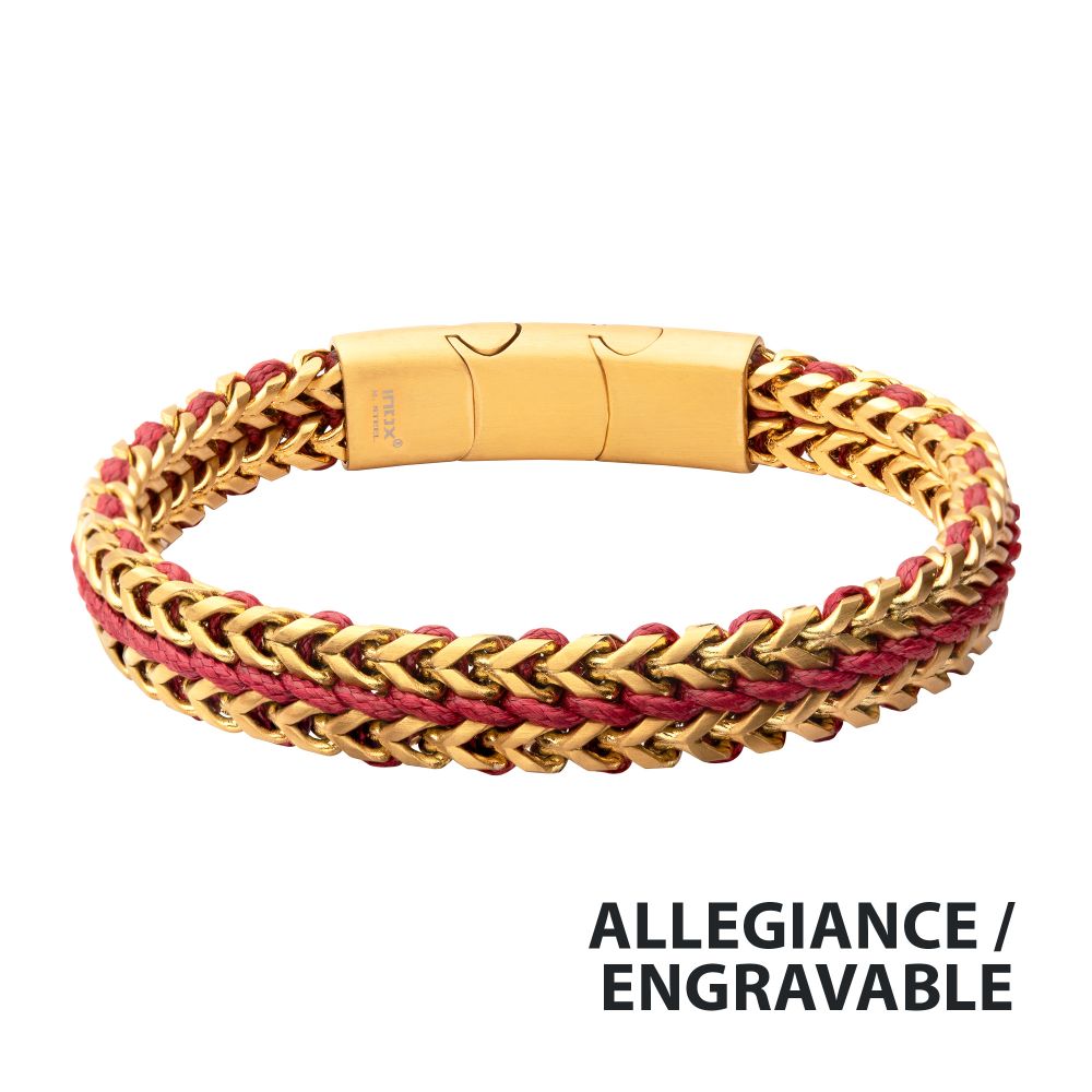 Stainless Steel Matte Finish Gold Foxtail Chain with Red Wax Cord Bracelet