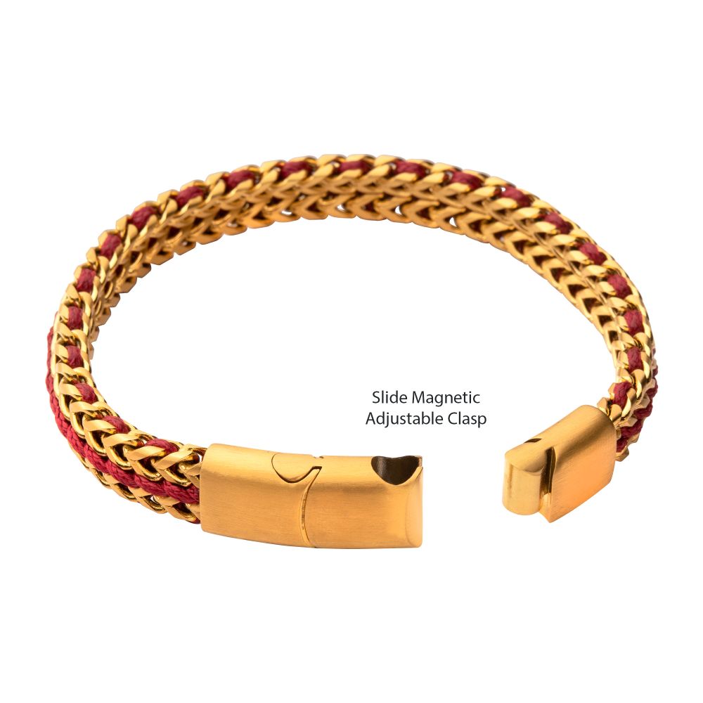 Stainless Steel Matte Finish Gold Foxtail Chain with Red Wax Cord Bracelet
