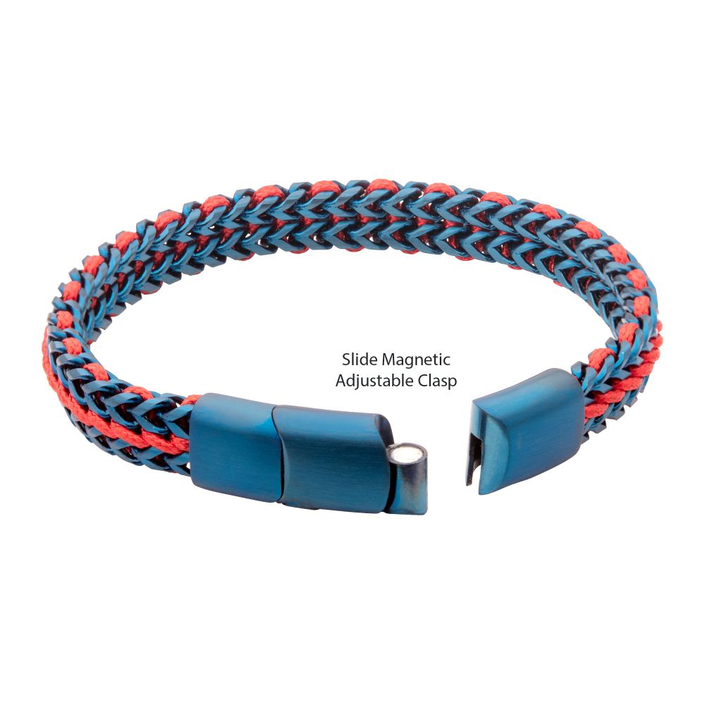 Stainless Steel Matte Finish Blue Foxtail Chain with Red Wax Cord Bracelet