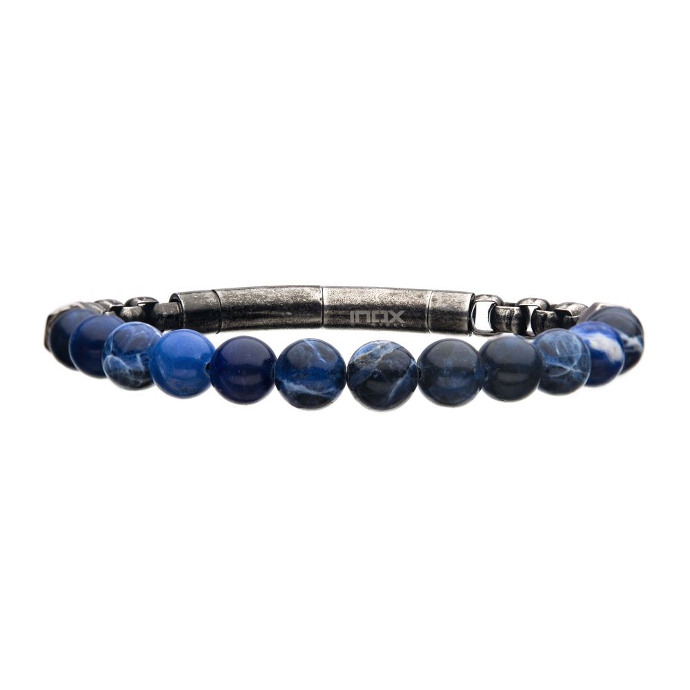 Stainless Steel 8mm Sodalite Beads and Box Chain Bracelet 8"-8.5"