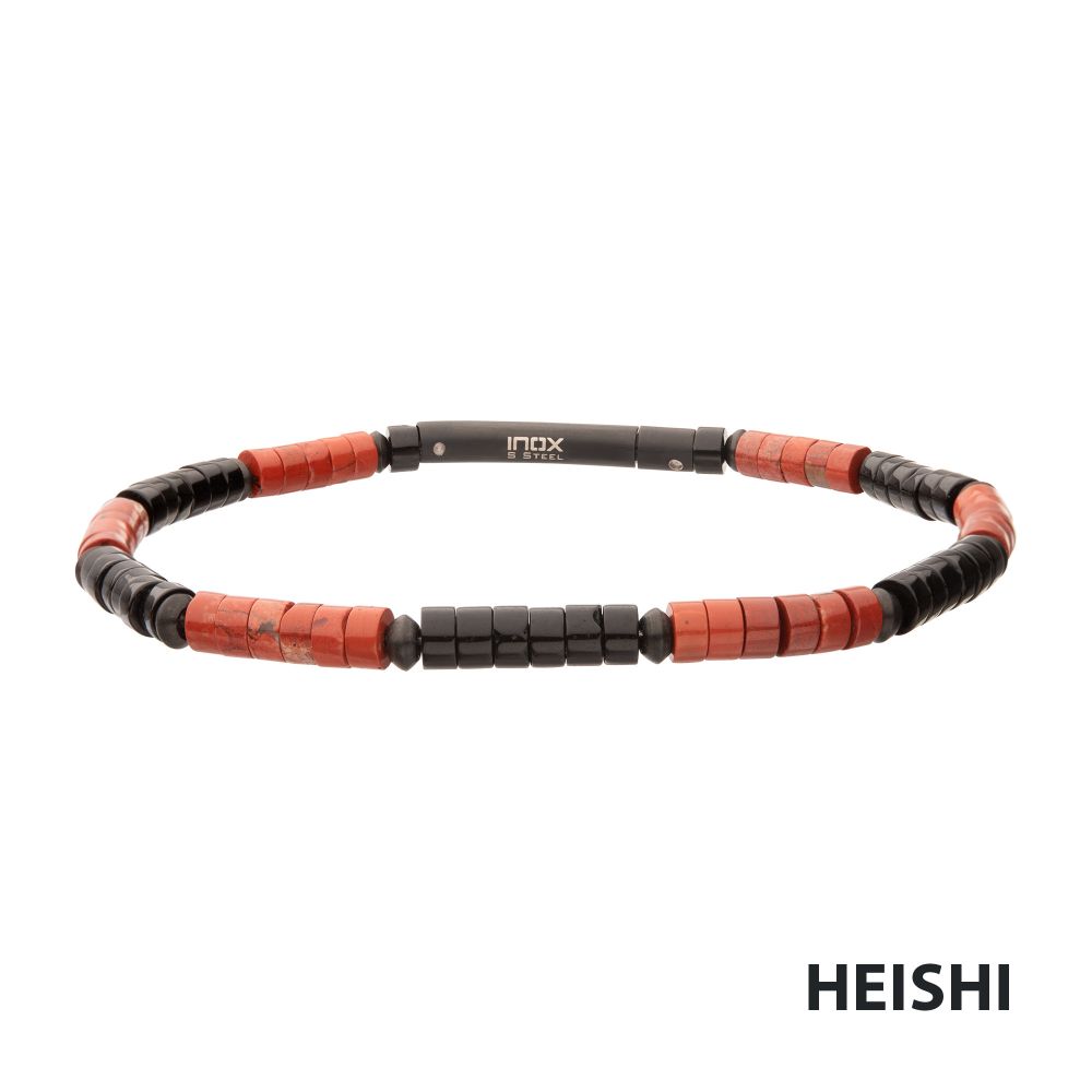 Stainless Steel Inferno Red Jasper &amp; Onyx Heishi Bead Bracelet