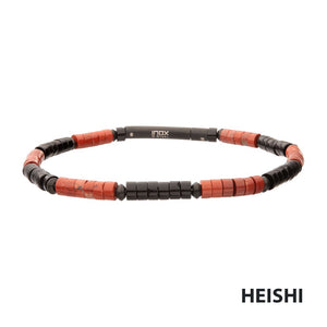 Stainless Steel Inferno Red Jasper &amp; Onyx Heishi Bead Bracelet