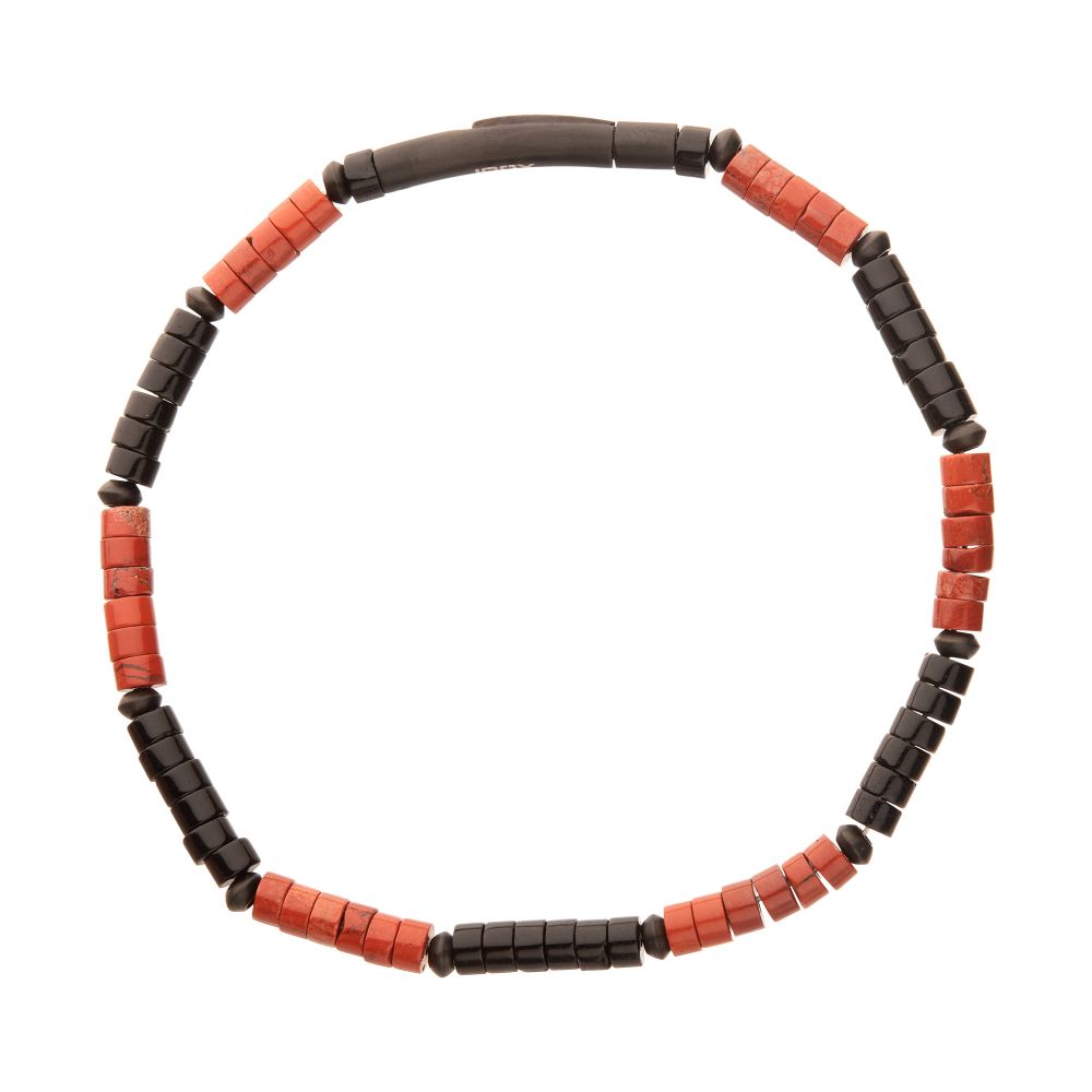Stainless Steel Inferno Red Jasper &amp; Onyx Heishi Bead Bracelet