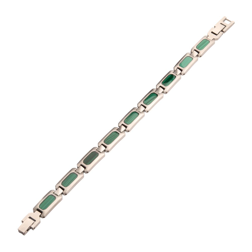 Stainless Steel Matte Finish Malachite Inlay Sizeable Link Bracelet