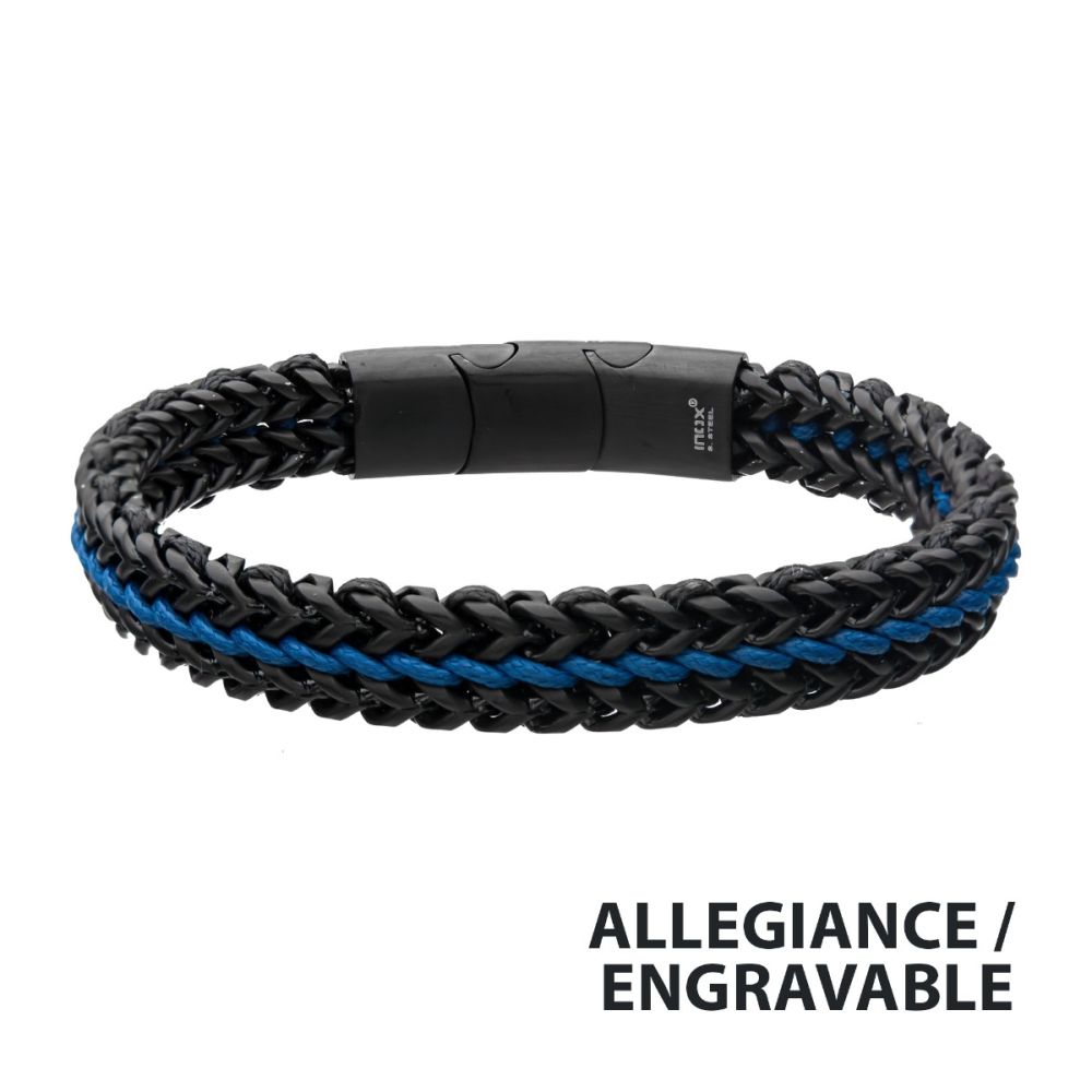 Stainless Steel Antique Finish Black Foxtail Chain with Blue Wax Cord Bracelet