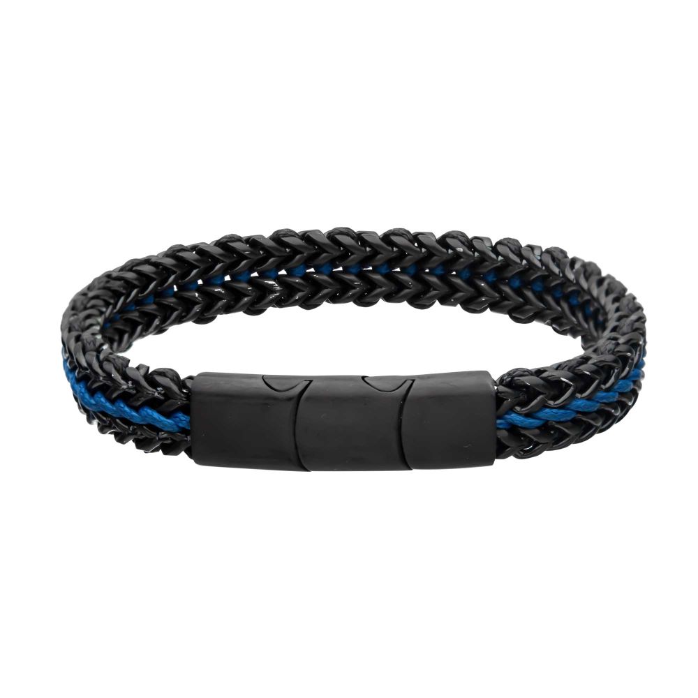 Stainless Steel Antique Finish Black Foxtail Chain with Blue Wax Cord Bracelet
