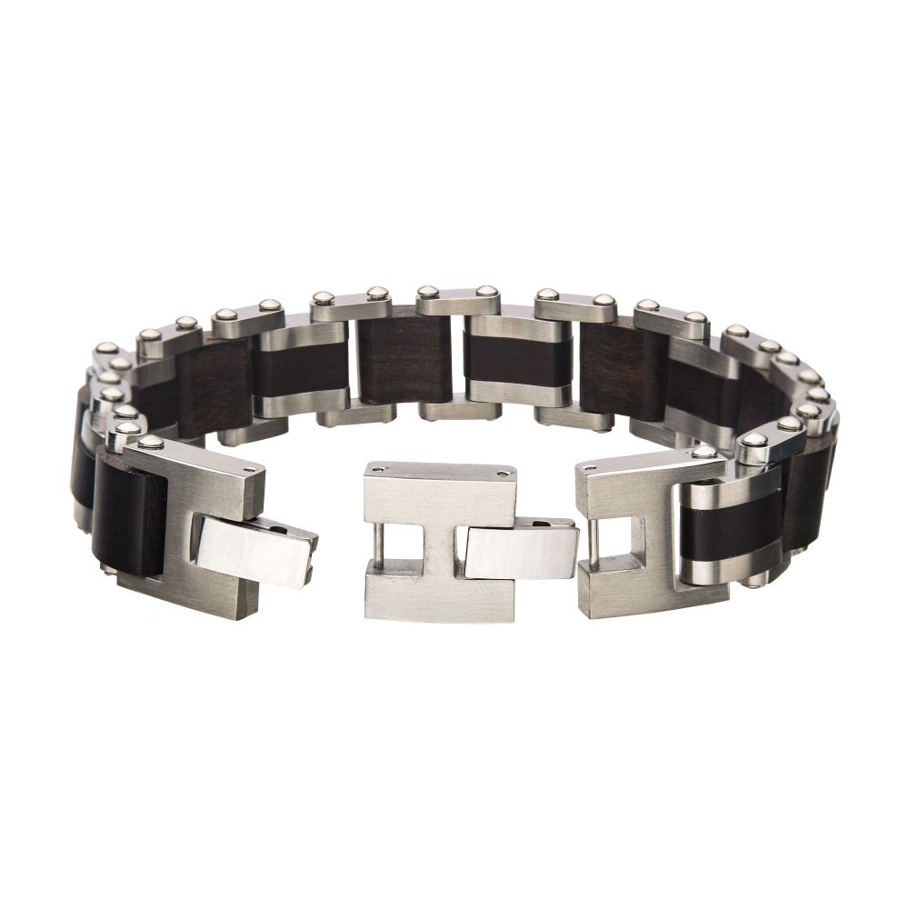 Stainless Steel with Ebony Wood Link Bracelet