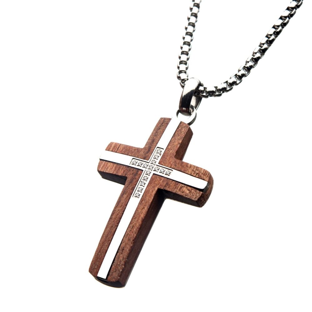 Stainless Steel and Bubinga Wood Cross Pendant with Diamond Accents