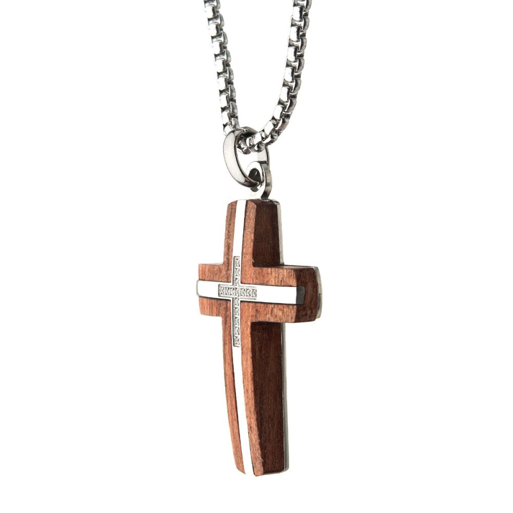 Stainless Steel and Bubinga Wood Cross Pendant with Diamond Accents