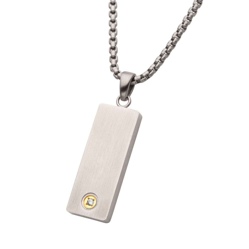 Stainless Steel Engravable Matte Finish Dog Tag Pendant with Lab Grown Diamond Accent