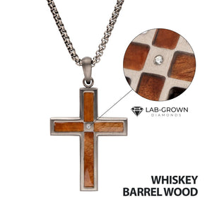 Stainless Steel Matte Finish Whiskey Barrel Wood Inlay Cross Pendant with Lab-Grown Diamond Accent