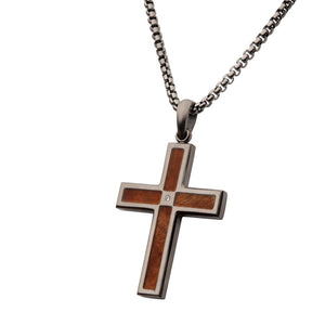 Stainless Steel Matte Finish Whiskey Barrel Wood Inlay Cross Pendant with Lab-Grown Diamond Accent