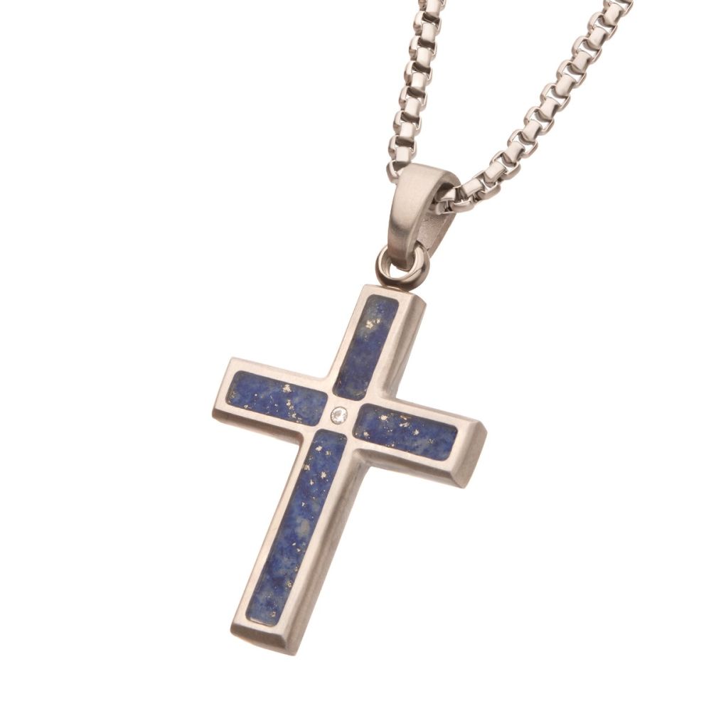 Stainless Steel Matte Finish Lapis Lazuli Stone Inlay with Lab Grown Diamond Cross Pendant
