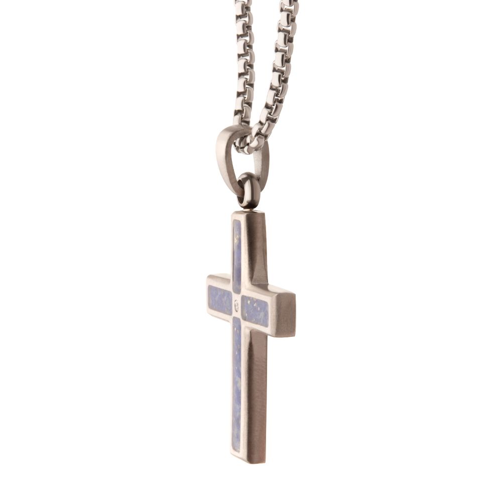 Stainless Steel Matte Finish Lapis Lazuli Stone Inlay with Lab Grown Diamond Cross Pendant