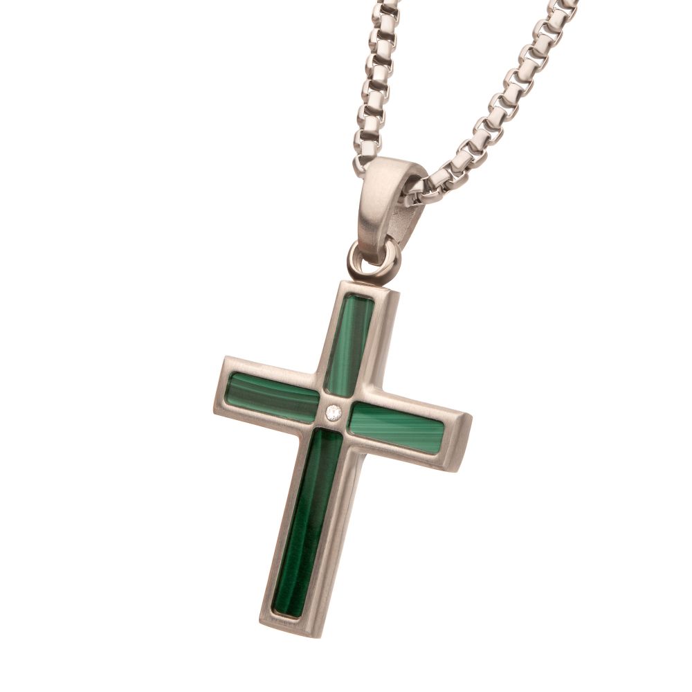 Stainless Steel Matte Finish Malachite Inlay with Lab Grown Diamond Cross Pendant