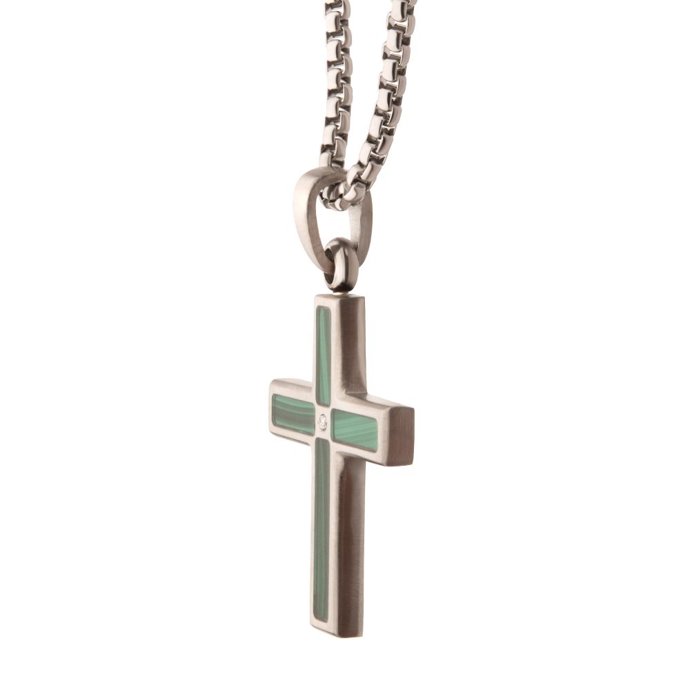 Stainless Steel Matte Finish Malachite Inlay with Lab Grown Diamond Cross Pendant