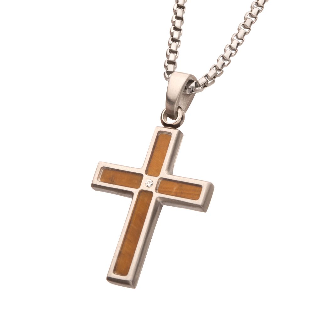 Stainless Steel Matte Finish Tiger Eye Inlay with Lab-Grown Diamond Cross Pendant