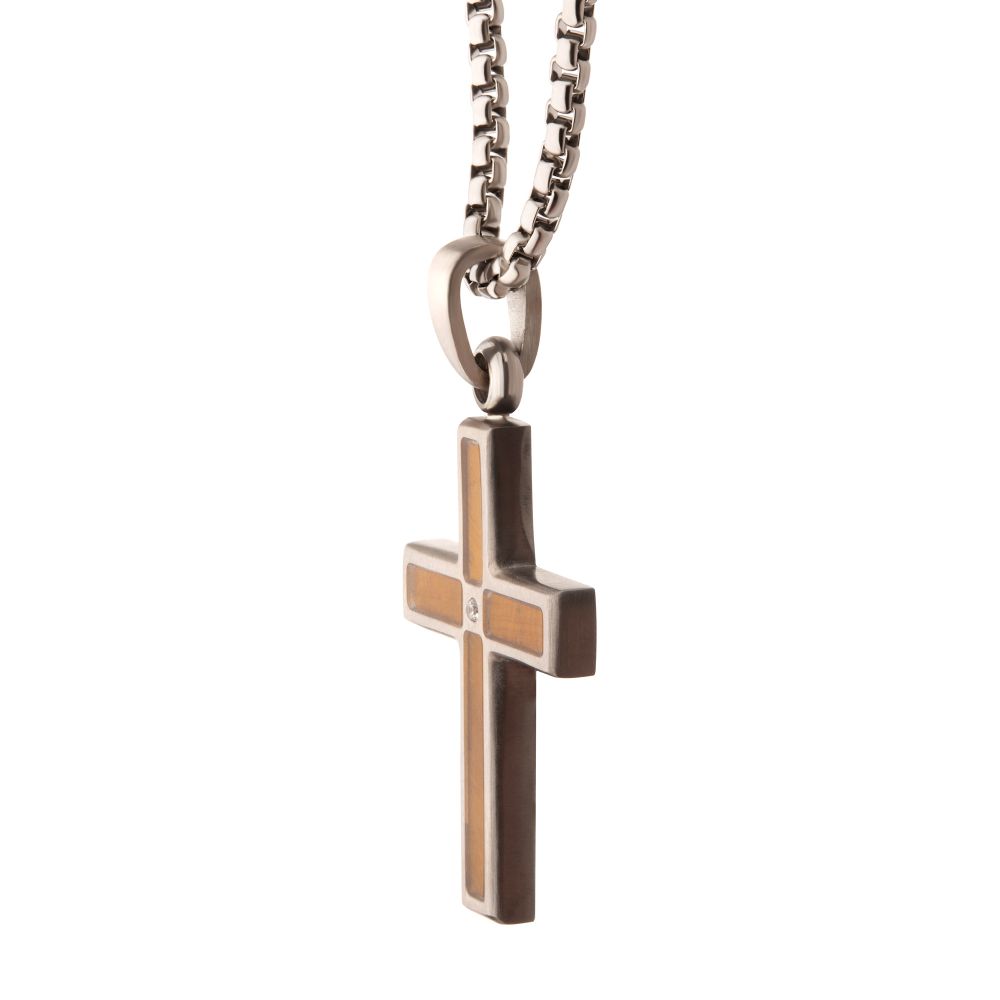 Stainless Steel Matte Finish Tiger Eye Inlay with Lab-Grown Diamond Cross Pendant