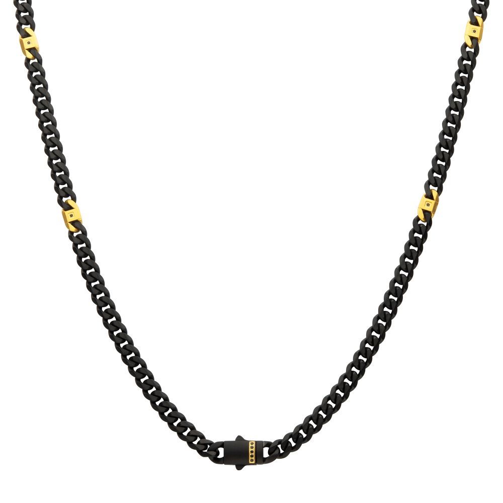Stainless Steel 18YGP 6mm Black Matte Finish Cuban Chain Necklace with Black Sapphires