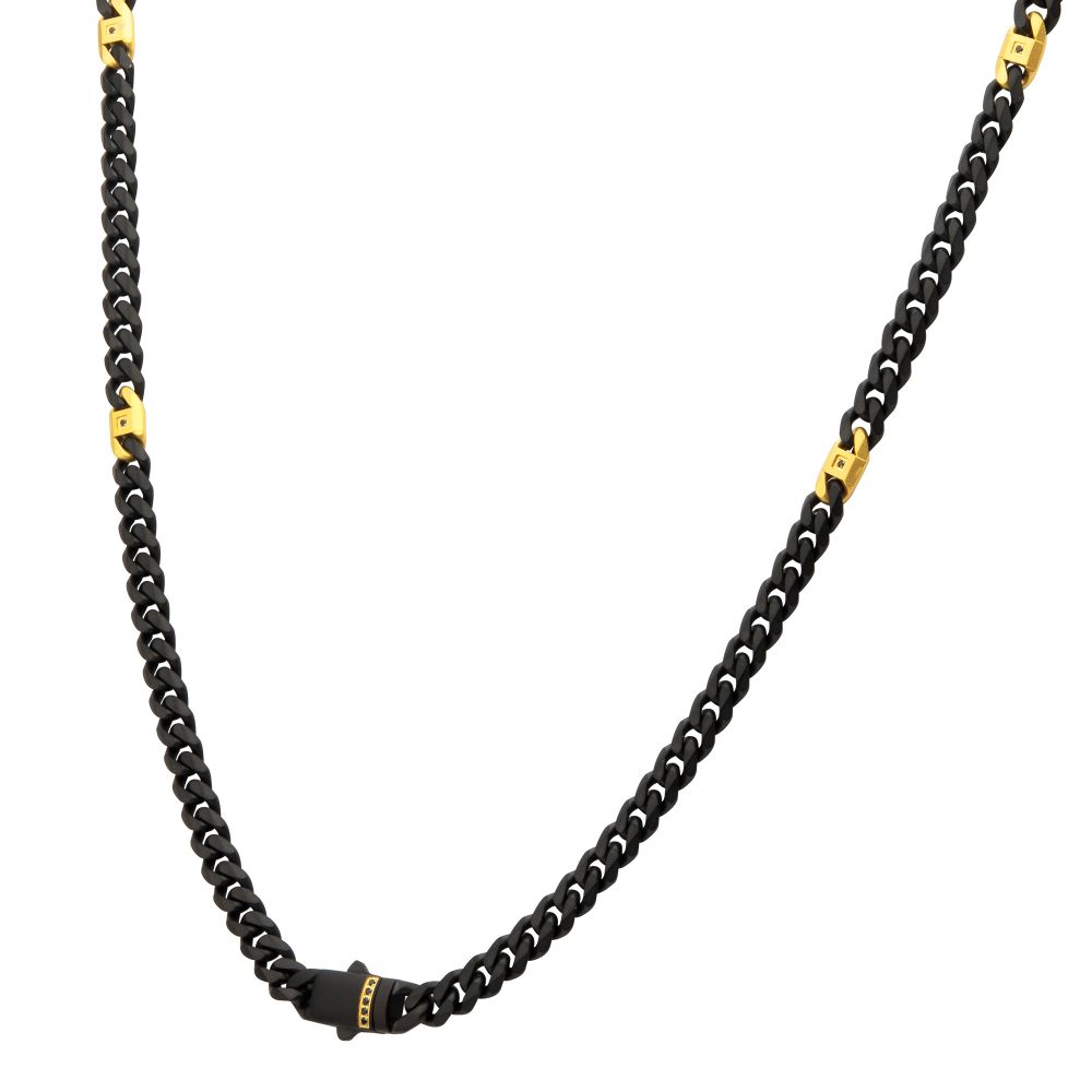 Stainless Steel 18YGP 6mm Black Matte Finish Cuban Chain Necklace with Black Sapphires