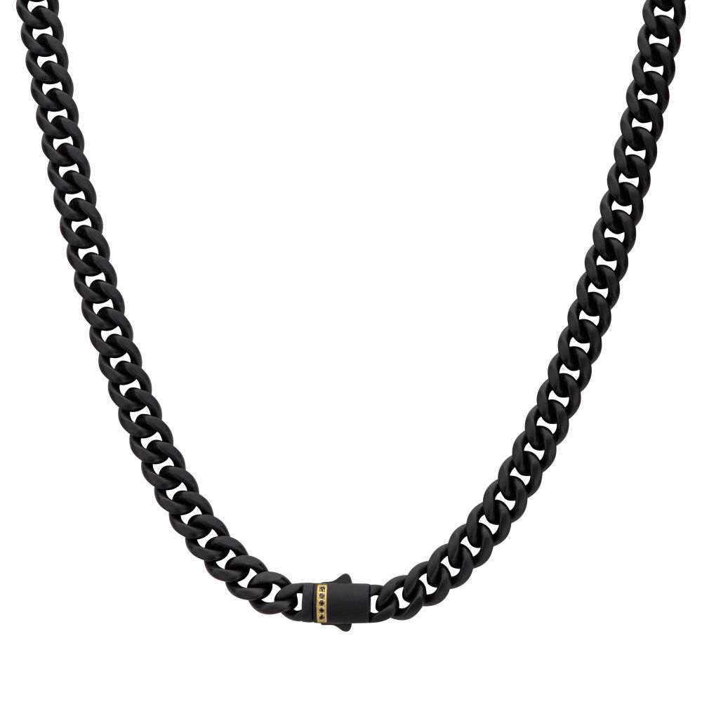 Sterling Silver 18YGP 6mm Black Matte Finish Cuban Necklace with Black Sapphires