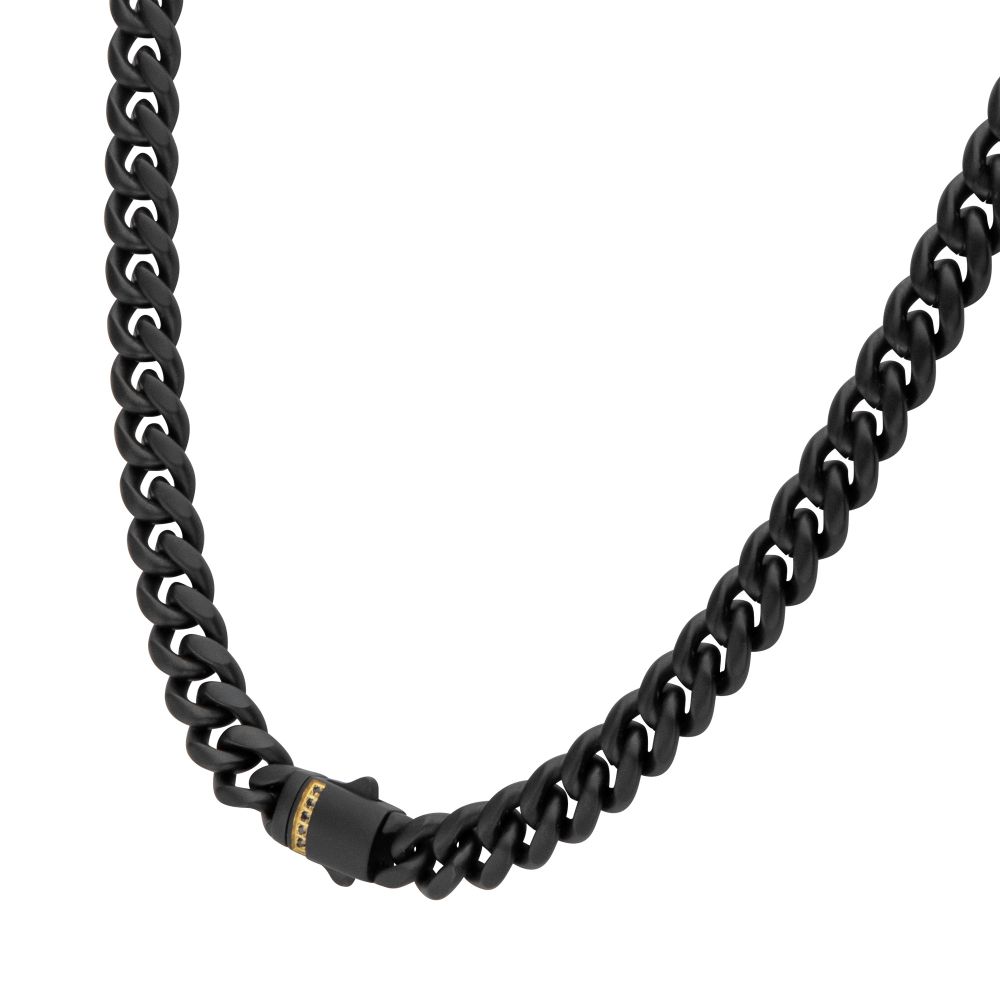 Sterling Silver 18YGP 6mm Black Matte Finish Cuban Necklace with Black Sapphires
