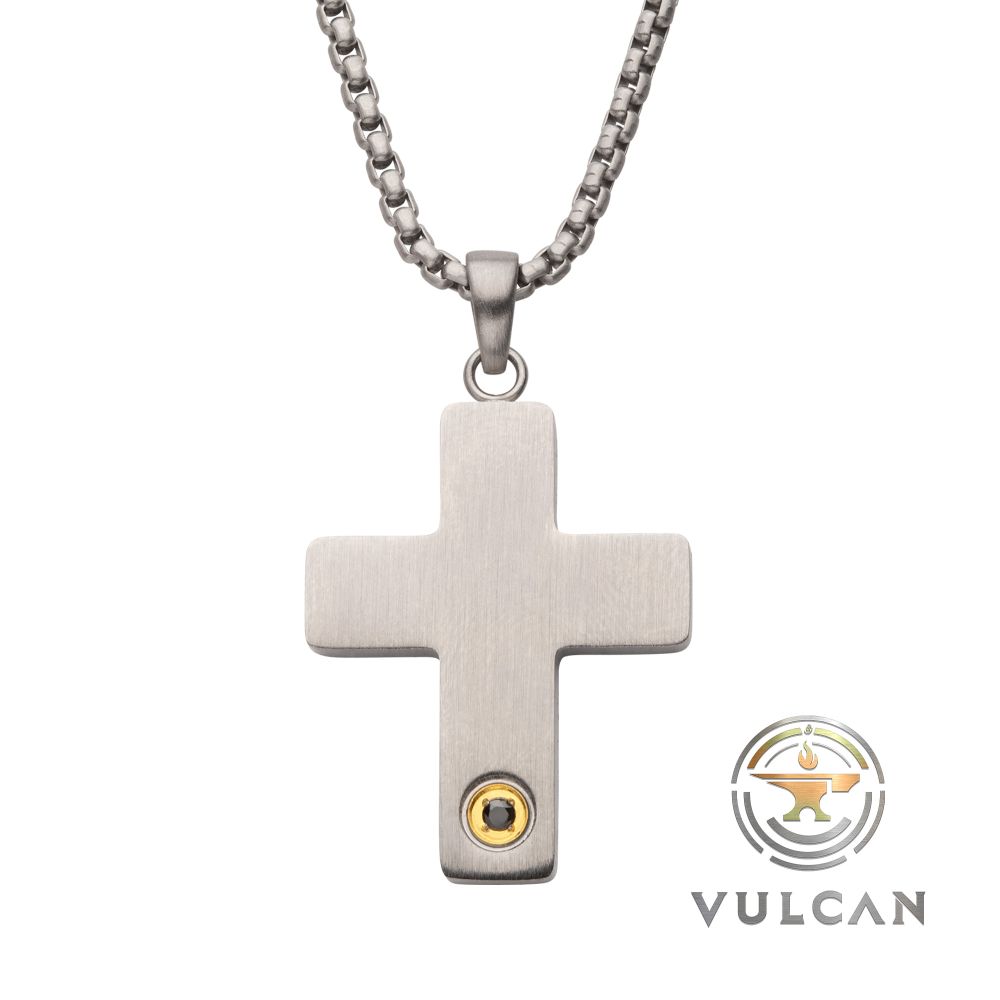 Stainless Steel Engravable Matte Finish Cross Pendant with Black Sapphire Accent