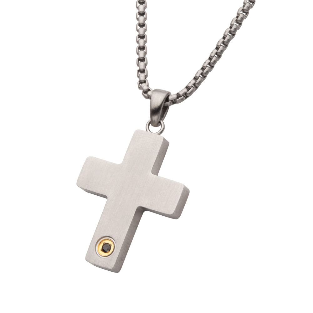 Stainless Steel Engravable Matte Finish Cross Pendant with Black Sapphire Accent