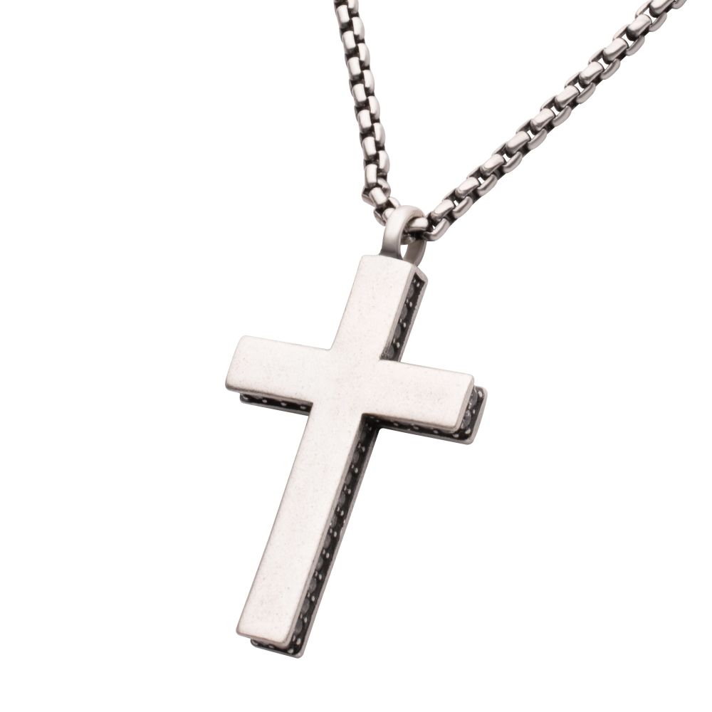 Sterling Silver Cross Pendant with CZs Set on Sides and Antiqued Box Chain 22"