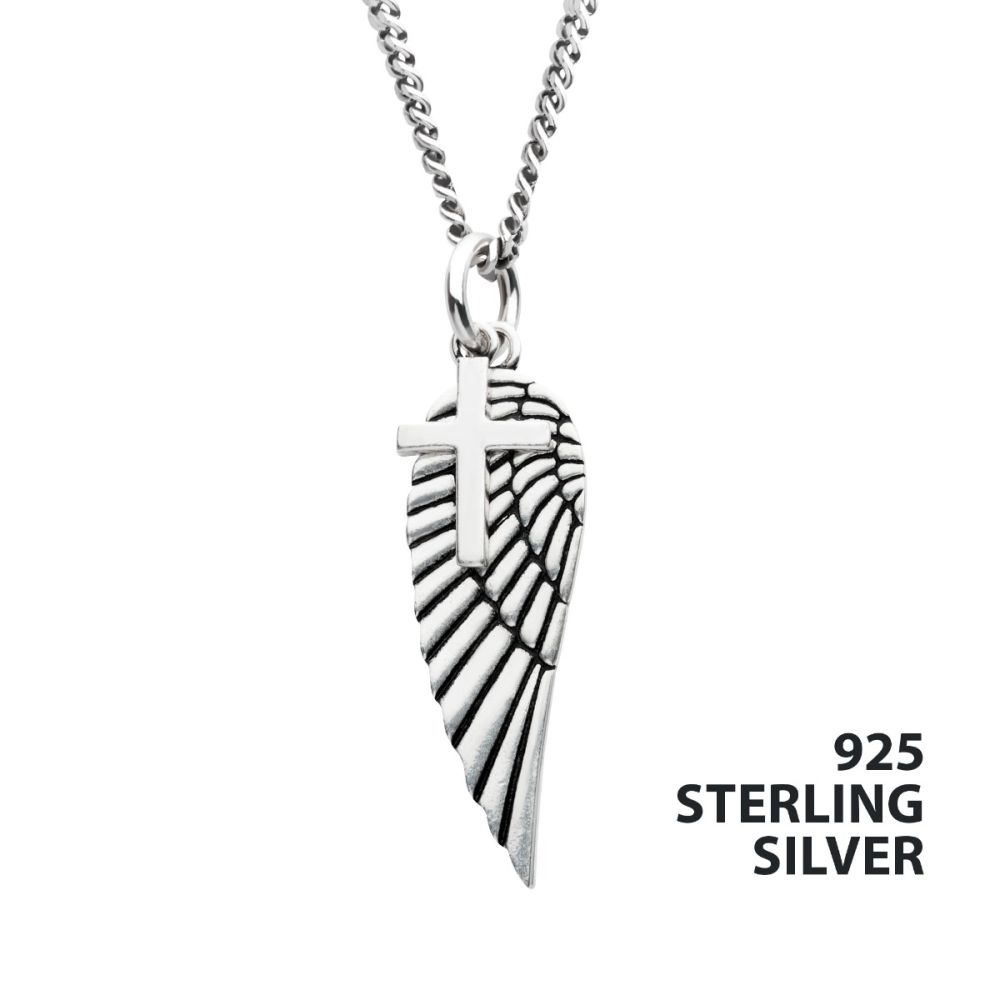 Sterling Silver Oxidized Wing and Cross Duo Pendant with Curb Chain