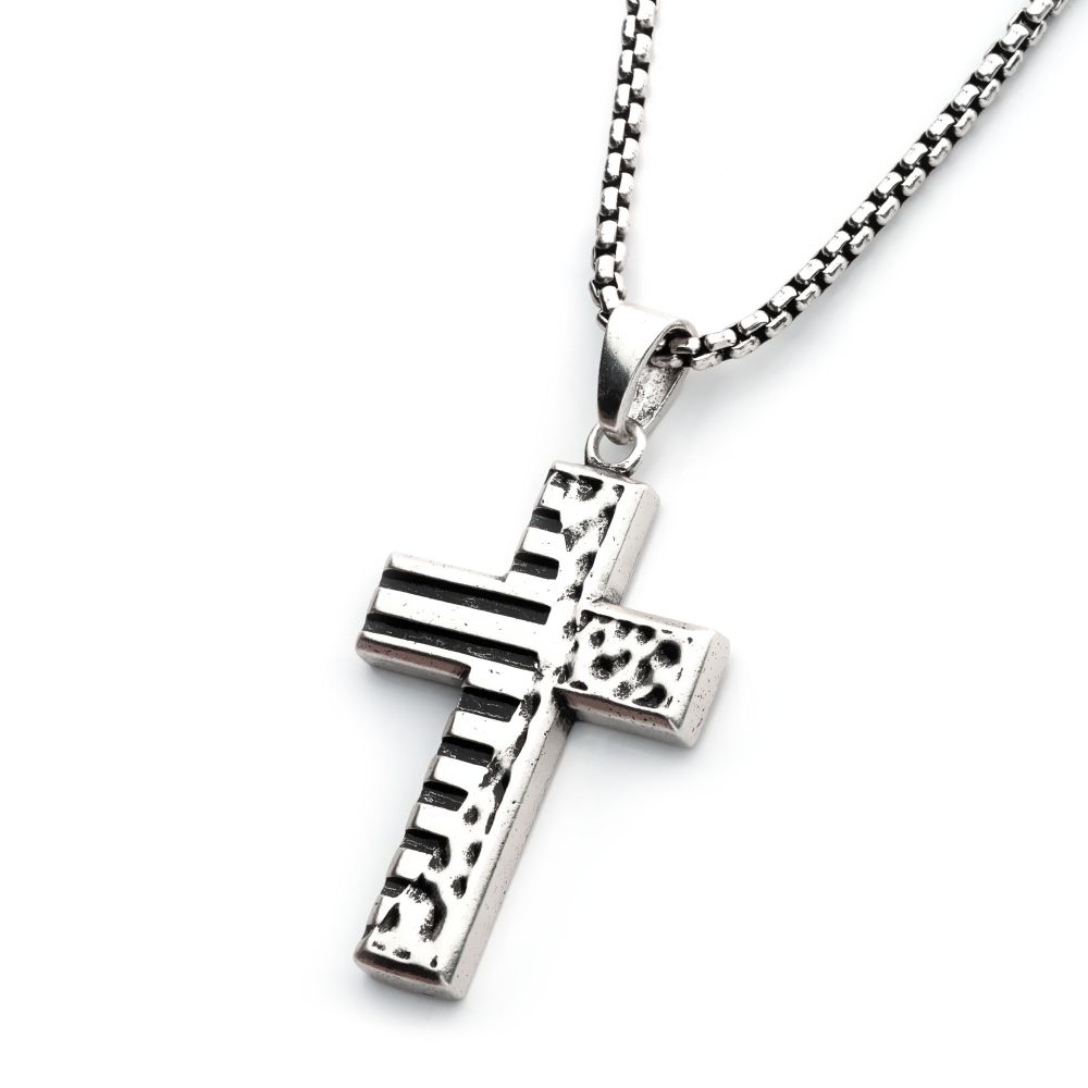 Sterling Silver Oxidized Coin Stamped Cross Pendant with Box Chain