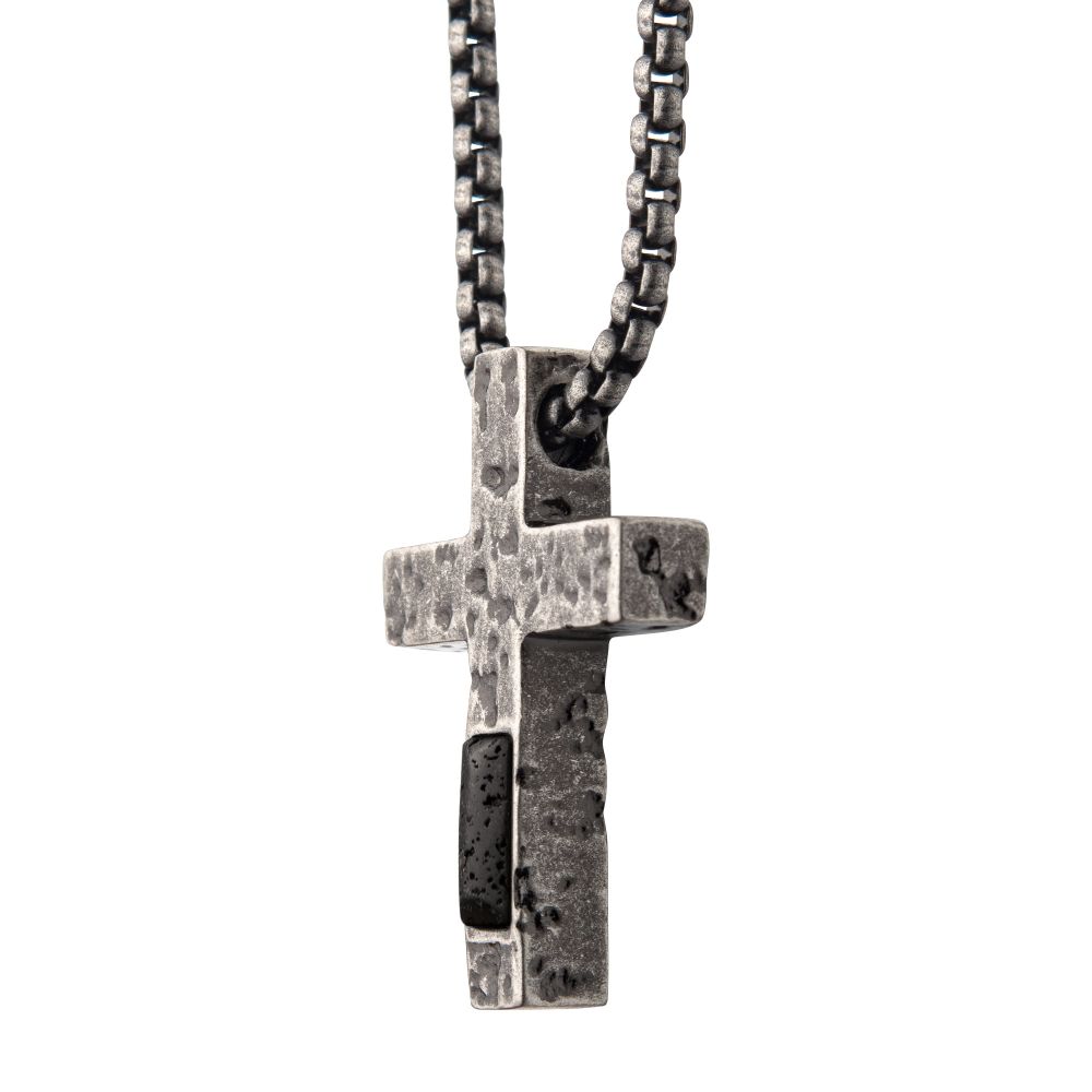 Stainless Steel Silver Cross Pendant with Lava Stone Pendant