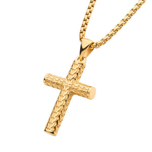 Stainless Steel Gold Colored Scale Cross Drop Pendant with Bold Box Chain