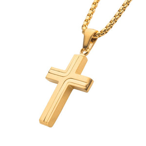 Stainless Steel Gold Colored Cross Drop Pendant with Round Box Chain