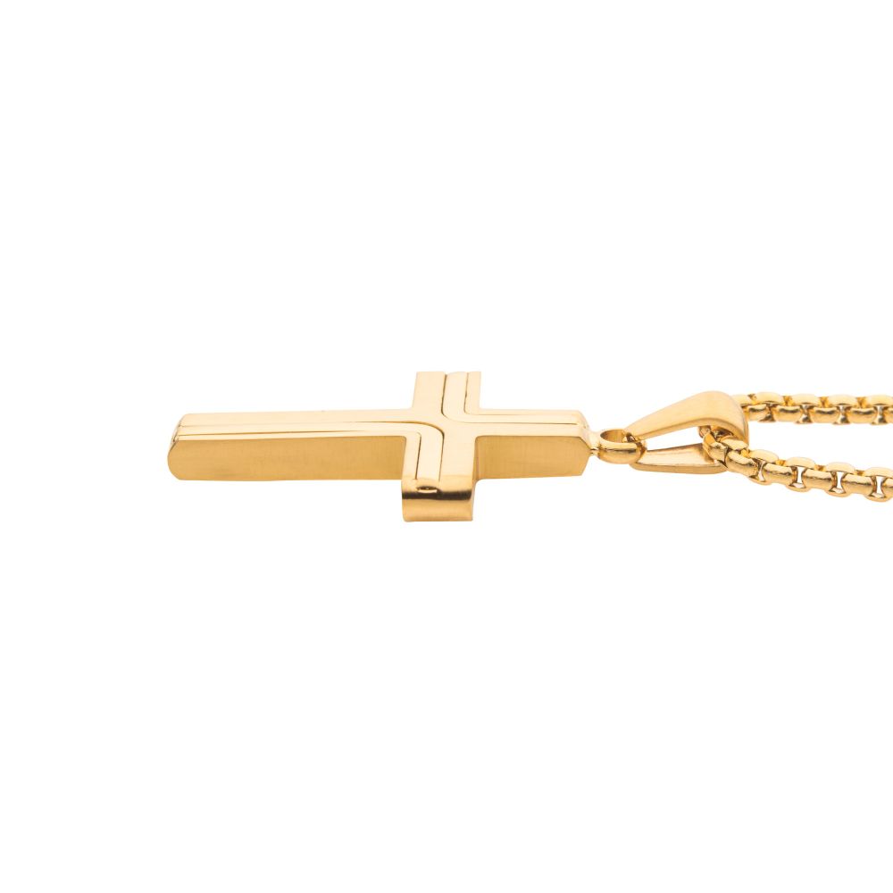 Stainless Steel Gold Colored Cross Drop Pendant with Round Box Chain