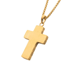 Stainless Steel Gold IP Engravable Cross Pendant with Round Box Chain
