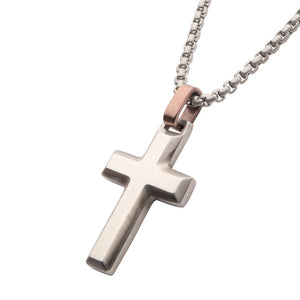 Stainless Steel Matte Finish Beveled Cross Pendant with Brown Bail