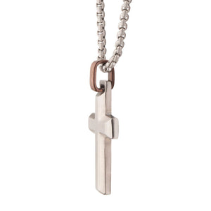 Stainless Steel Matte Finish Beveled Cross Pendant with Brown Bail