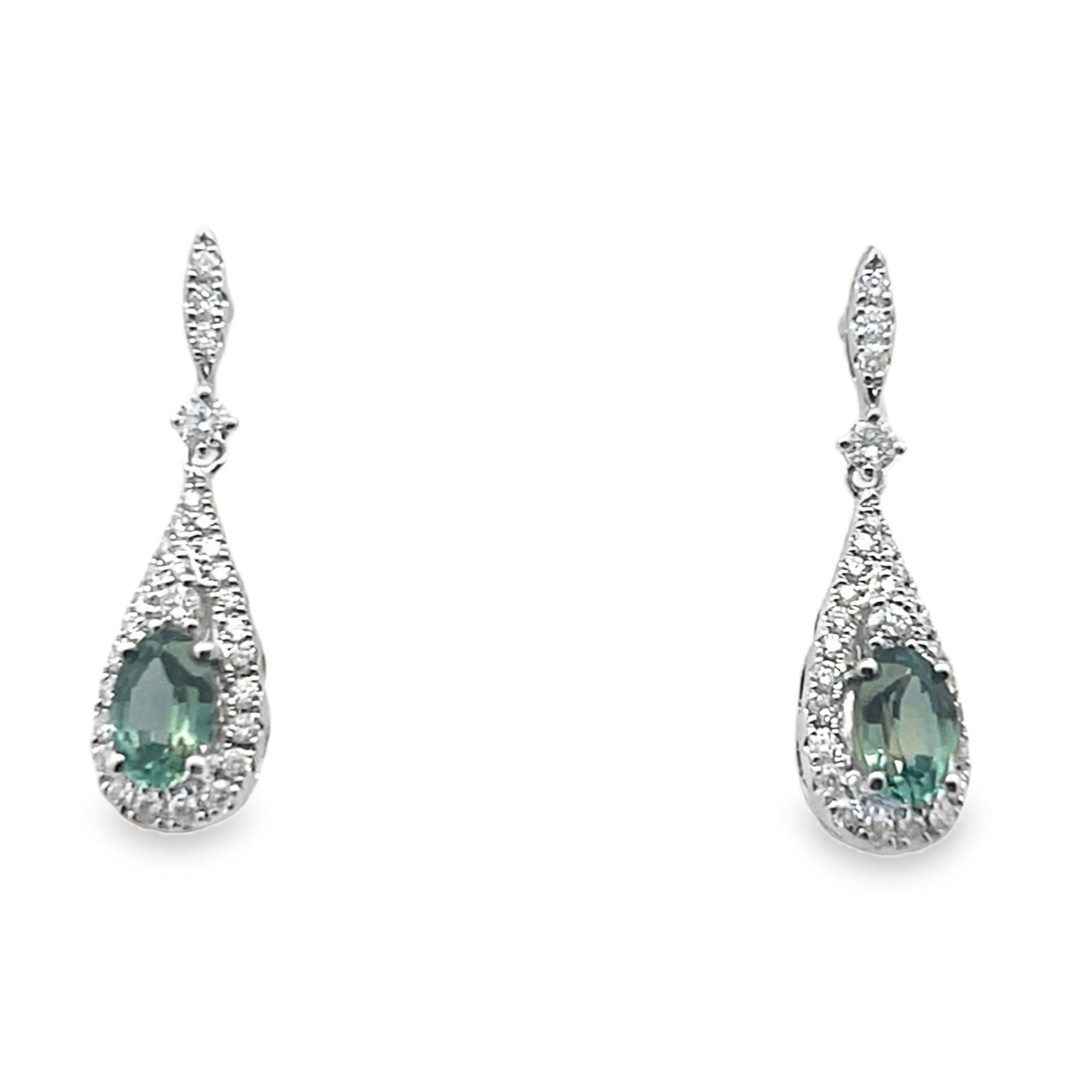 14W 1.68ctw Oval Montana Sapphire Dangle Earrings with Diamond Accents