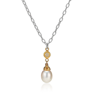 large pearl teardrop necklace with 18k gold plate and pave diamonds