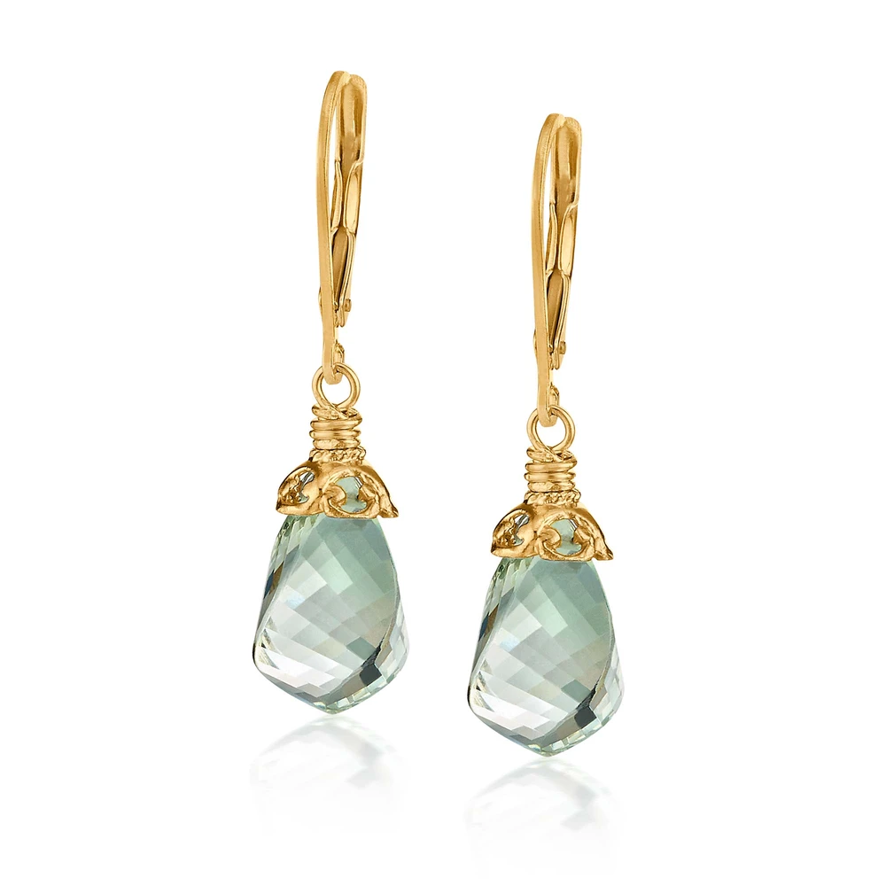 faceted green amethyst twist two-tone earrings