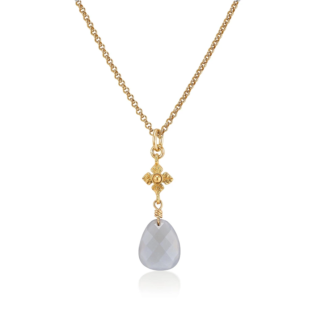 faceted gray moonstone necklace with flower detail in gold