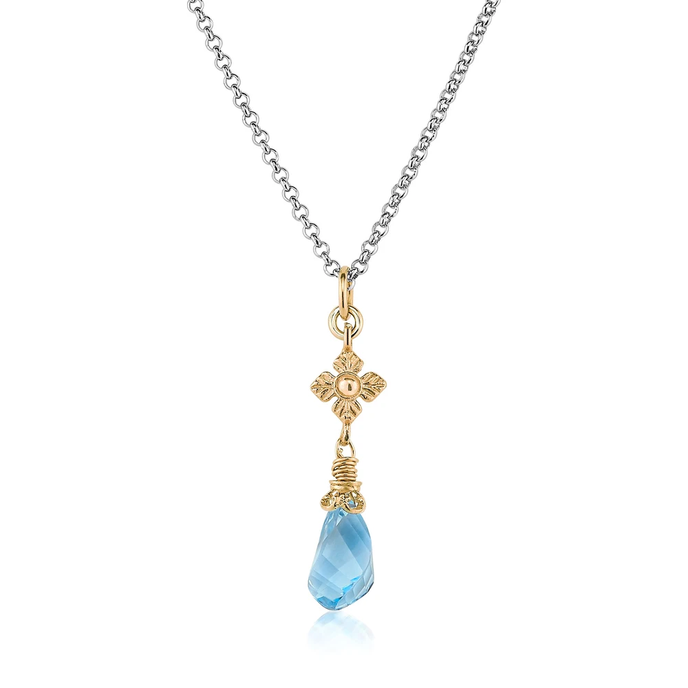 faceted blue topaz twist two-tone necklace with flower detail