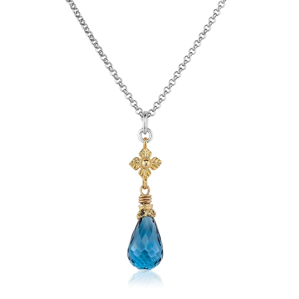 london blue topaz two-tone necklace with flower detail